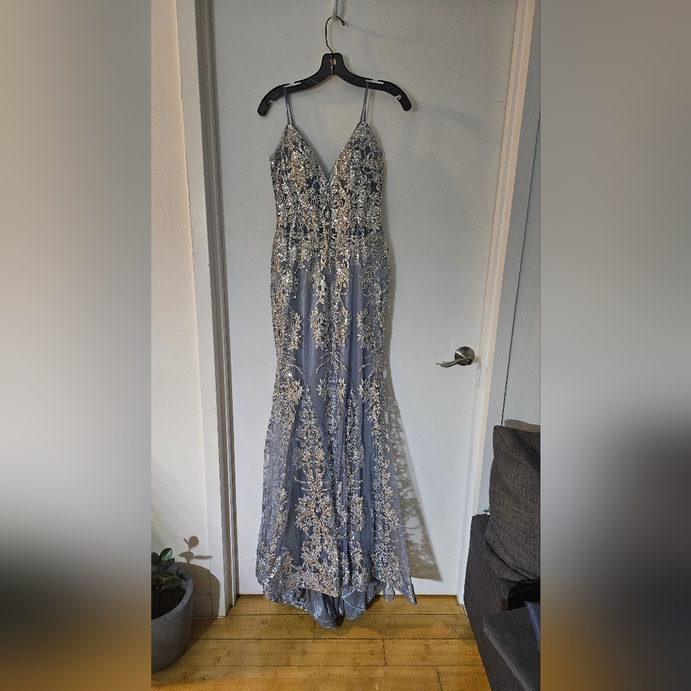 Macy's Silver-Gray Lace Appliqué V-Neck Prom Gown